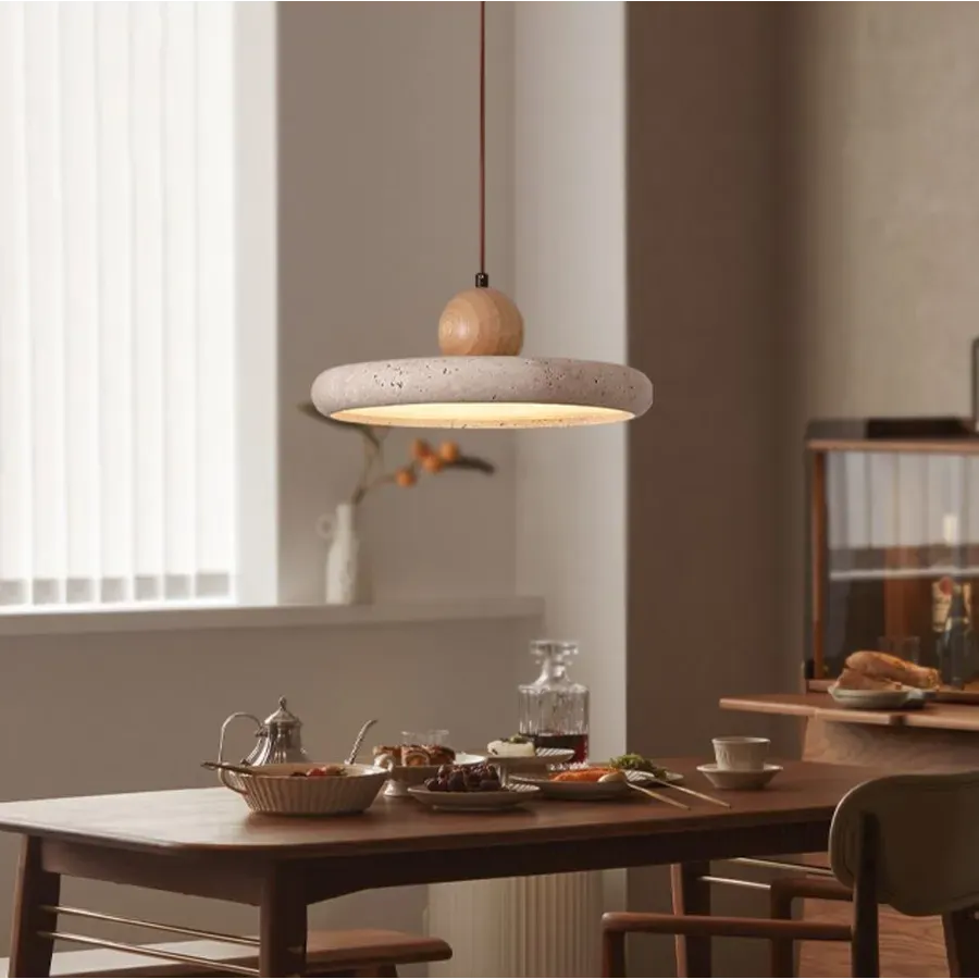 Lampa Wisząca Nowoczesna z Trawertynu z Drewnianą Kulą