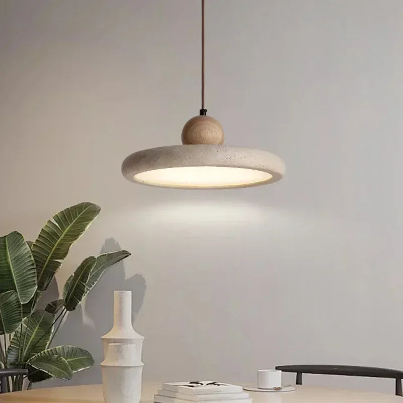 Lampa Wisząca Nowoczesna z Trawertynu z Drewnianą Kulą