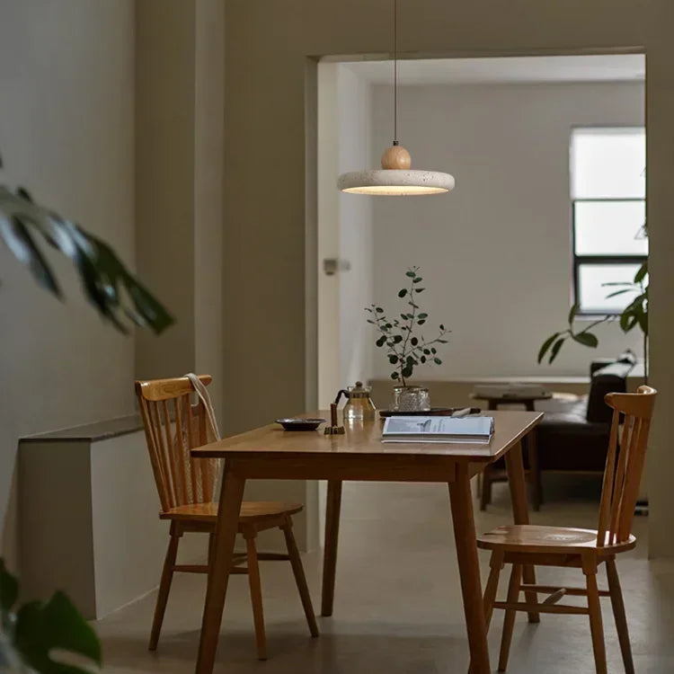 Lampa Wisząca Nowoczesna z Trawertynu z Drewnianą Kulą