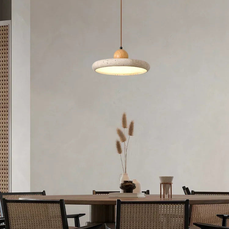 Lampa Wisząca Nowoczesna z Trawertynu z Drewnianą Kulą