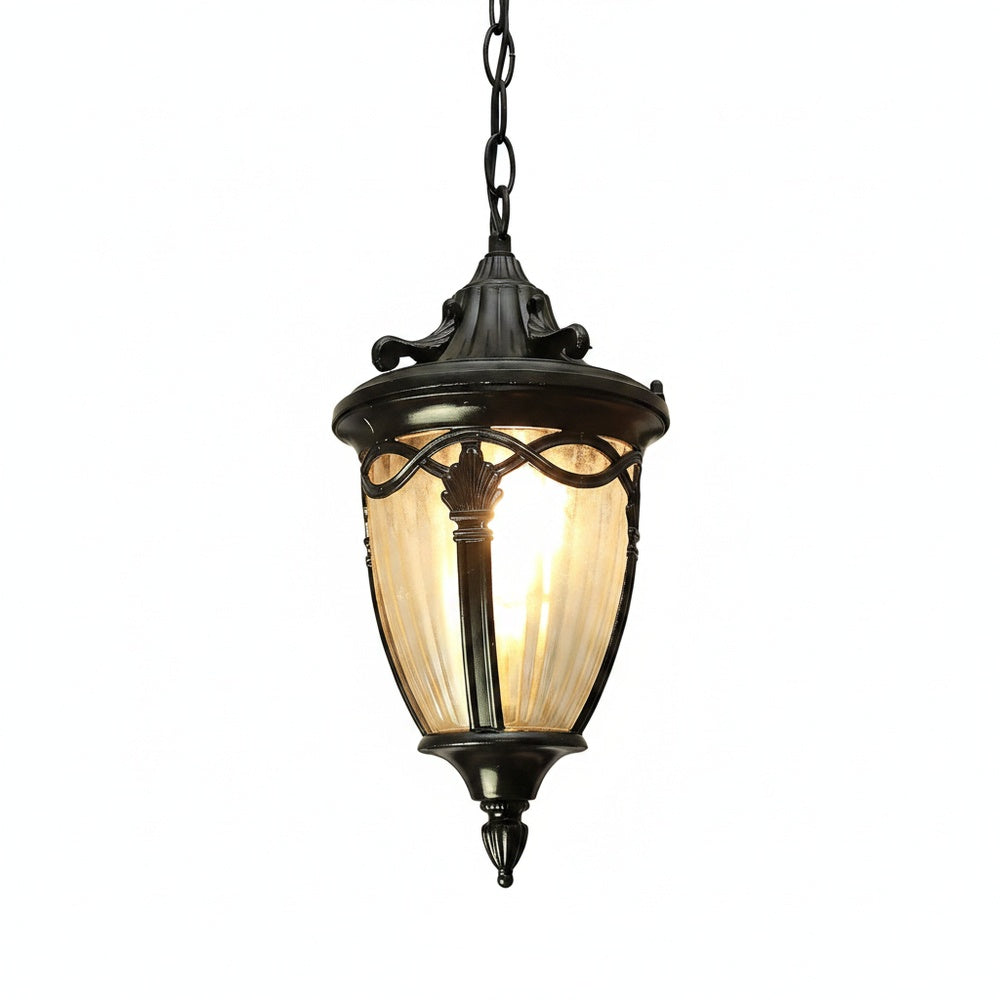 Lampa Wisząca Ogrodowa Retro z Ozdobną Metalową Oprawą i Szklanym Kloszem