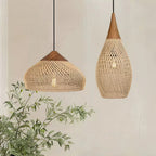 Lampa Wisząca Rattanowa Boho ze Drewnianym Detalem