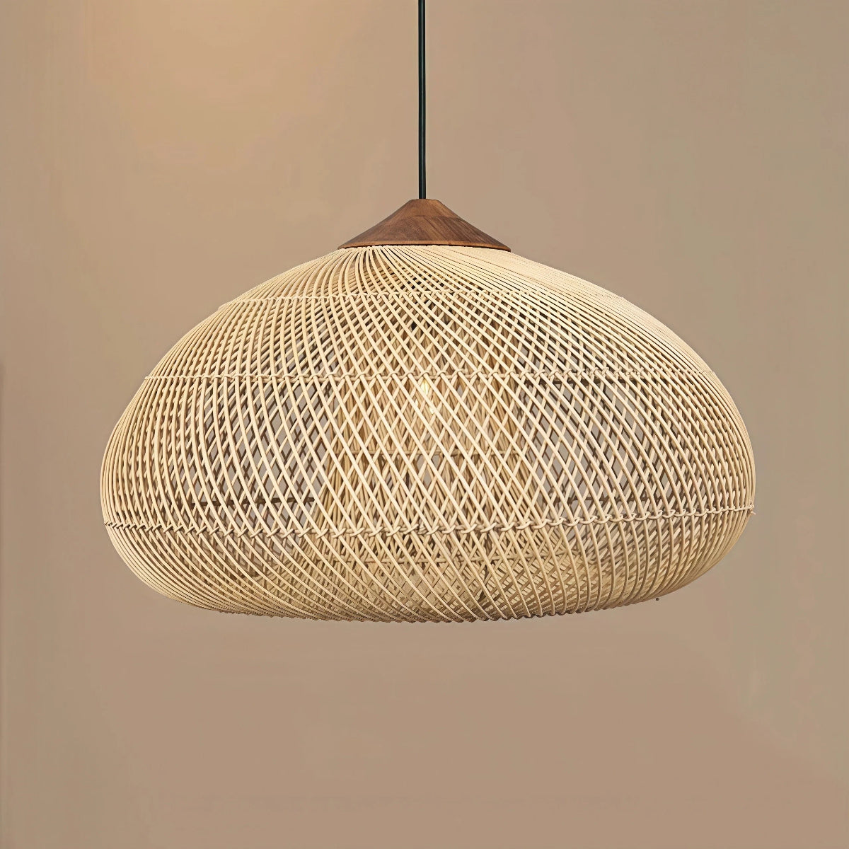 Lampa Wisząca Rattanowa Boho ze Drewnianym Detalem