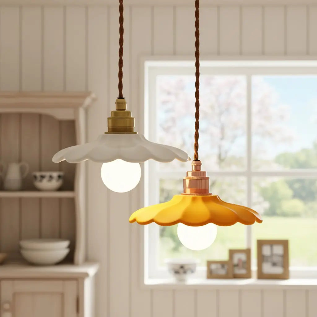 Lampa Wisząca Retro z Ceramicznym Kloszem w Kształcie Płatka