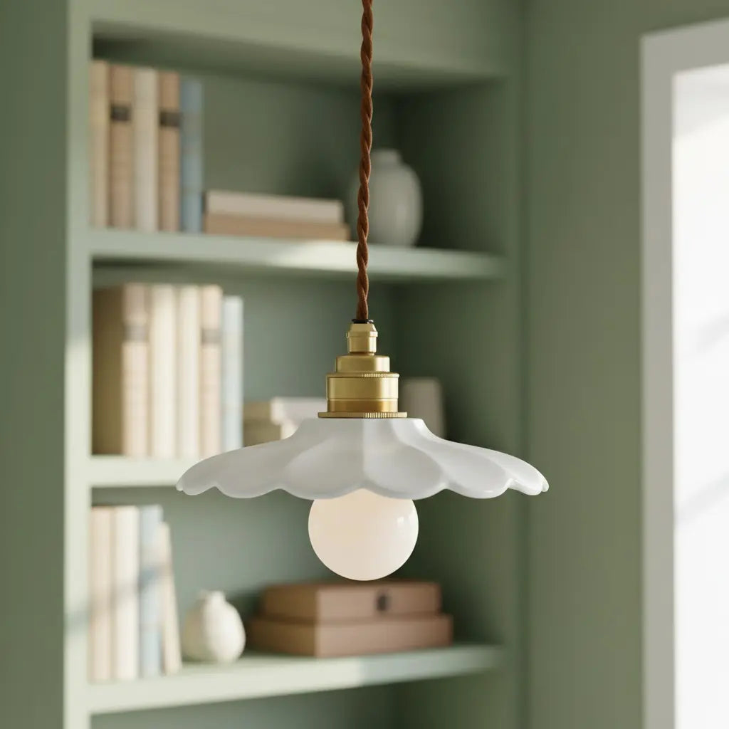 Lampa Wisząca Retro z Ceramicznym Kloszem w Kształcie Płatka