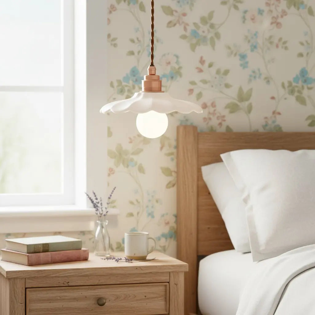 Lampa Wisząca Retro z Ceramicznym Kloszem w Kształcie Płatka