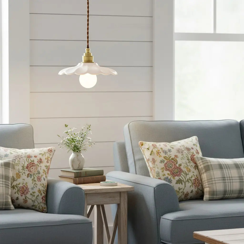 Lampa Wisząca Retro z Ceramicznym Kloszem w Kształcie Płatka