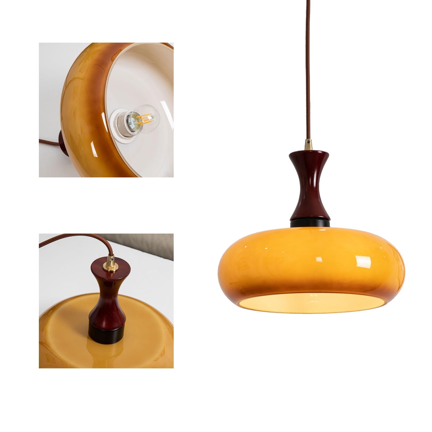 Lampa Wisząca Retro ze Szklanym Kloszem i Drewnianym Elementem
