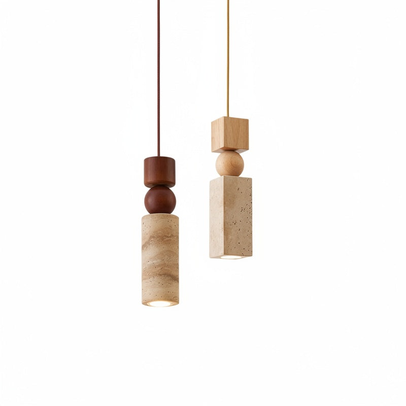 Lampa Wisząca Skandynawska z Drewnem i Trawertynem