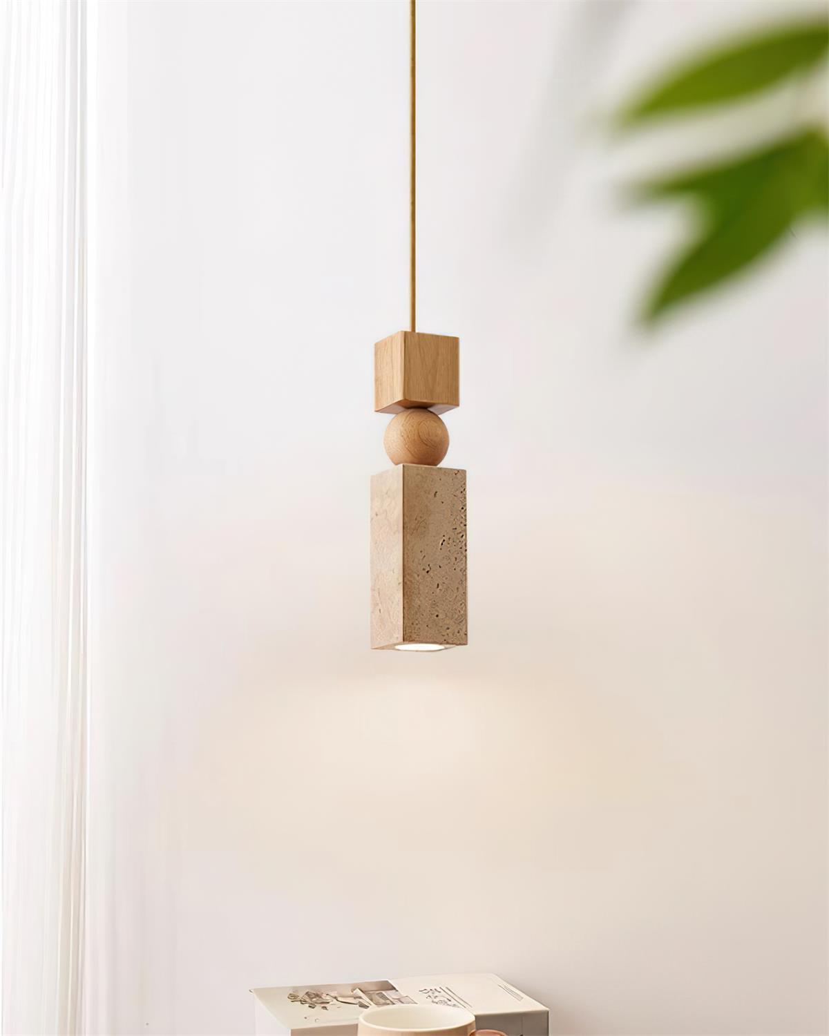 Lampa Wisząca Skandynawska z Drewnem i Trawertynem