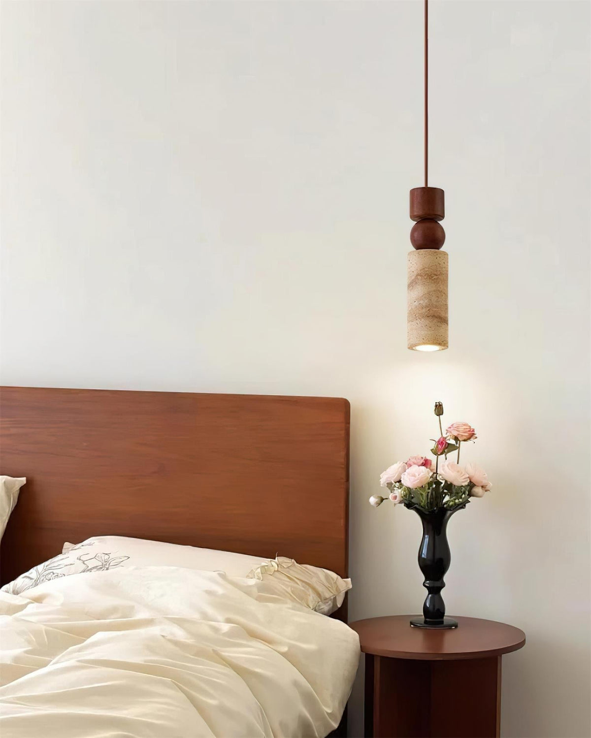 Lampa Wisząca Skandynawska z Drewnem i Trawertynem