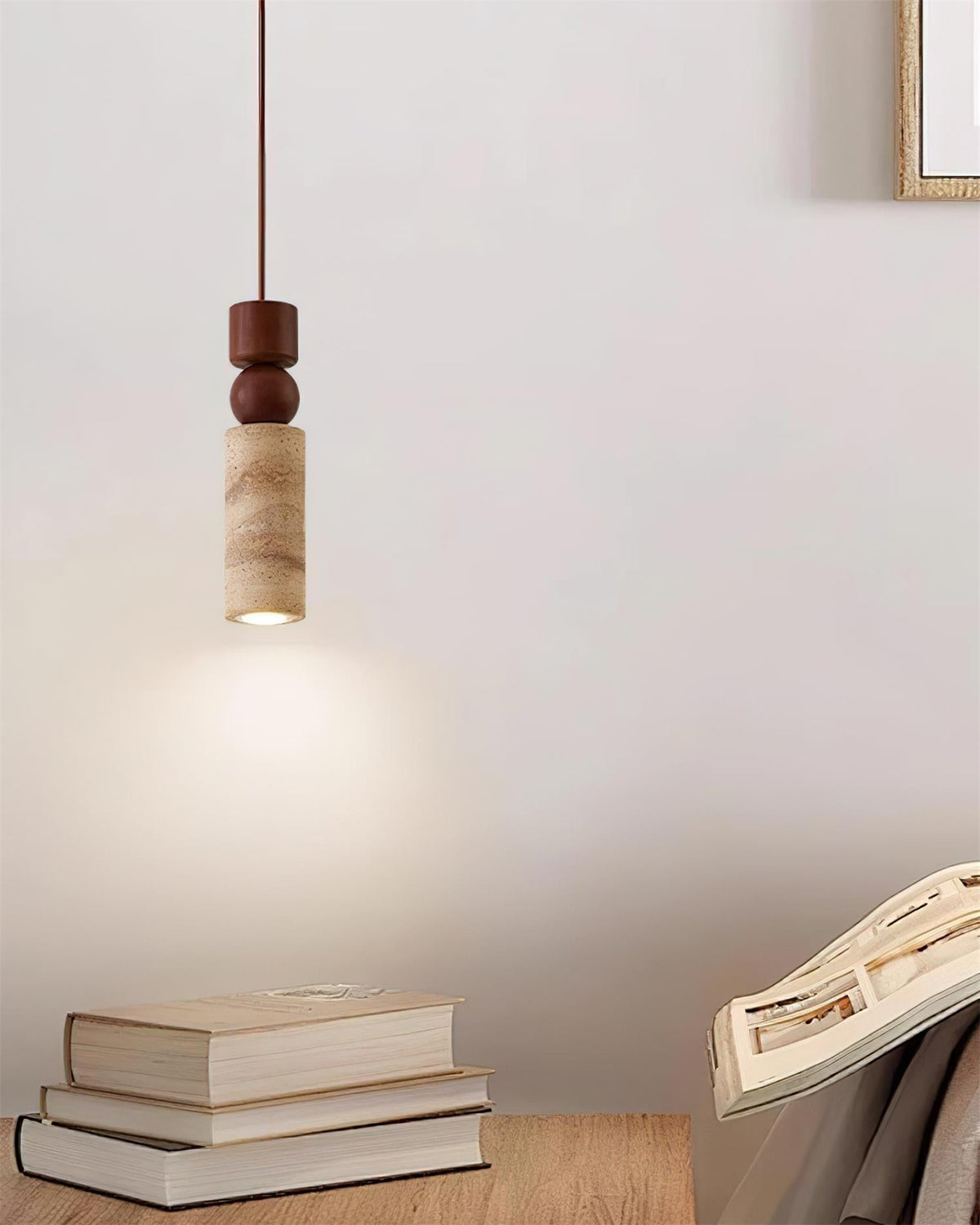 Lampa Wisząca Skandynawska z Drewnem i Trawertynem