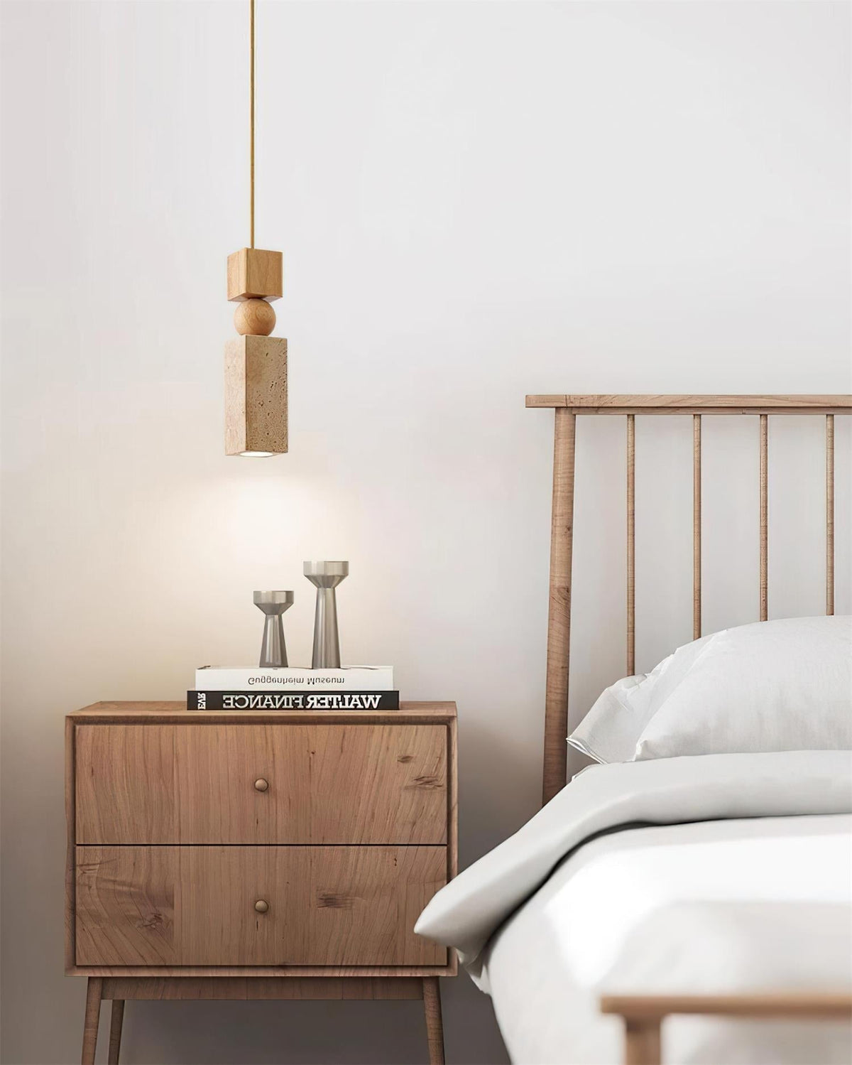 Lampa Wisząca Skandynawska z Drewnem i Trawertynem