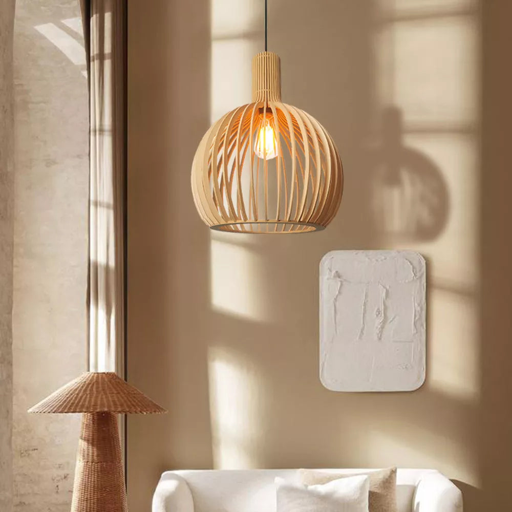 Lampa Wisząca Skandynawska z Drewnianą Kloszem w Kształcie Klatki ##POS:3##