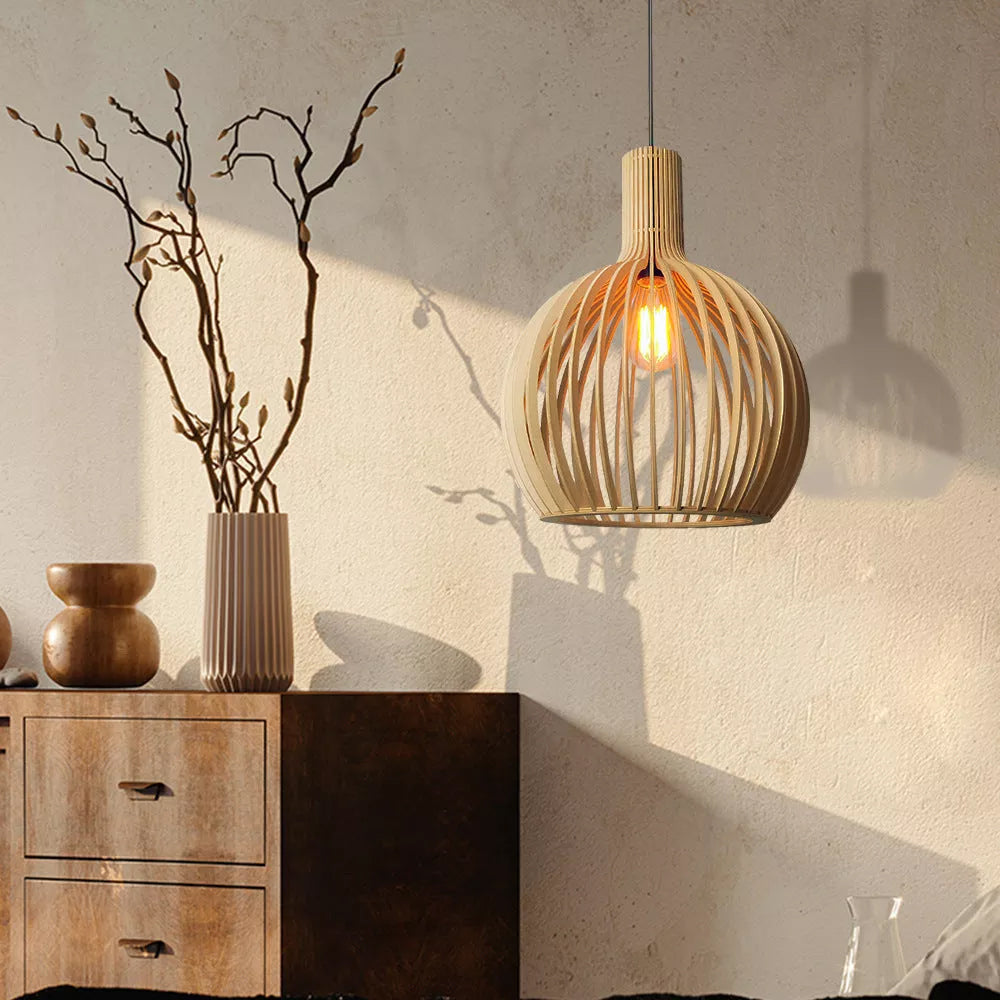 Lampa Wisząca Skandynawska z Drewnianą Kloszem w Kształcie Klatki ##POS:5##