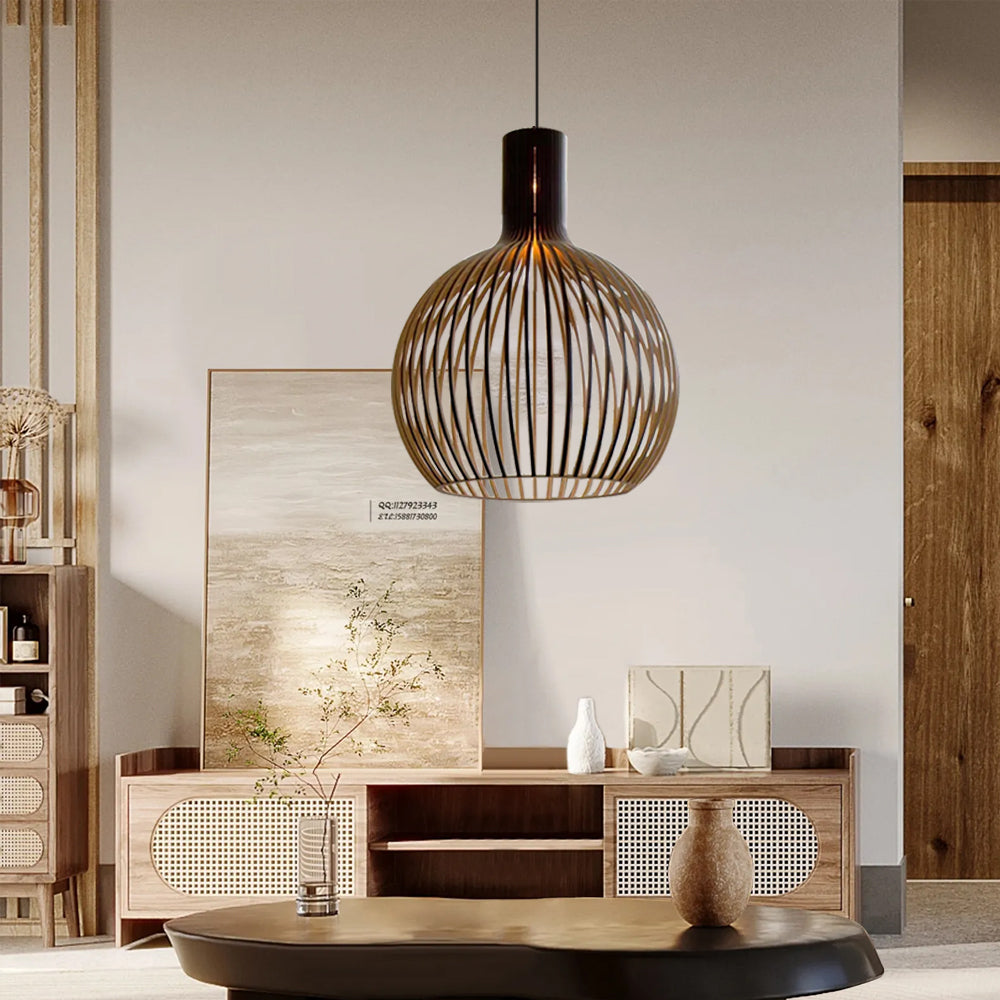 Lampa Wisząca Skandynawska z Drewnianą Kloszem w Kształcie Klatki