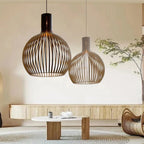 Lampa Wisząca Skandynawska z Drewnianą Kloszem w Kształcie Klatki ##POS:8##