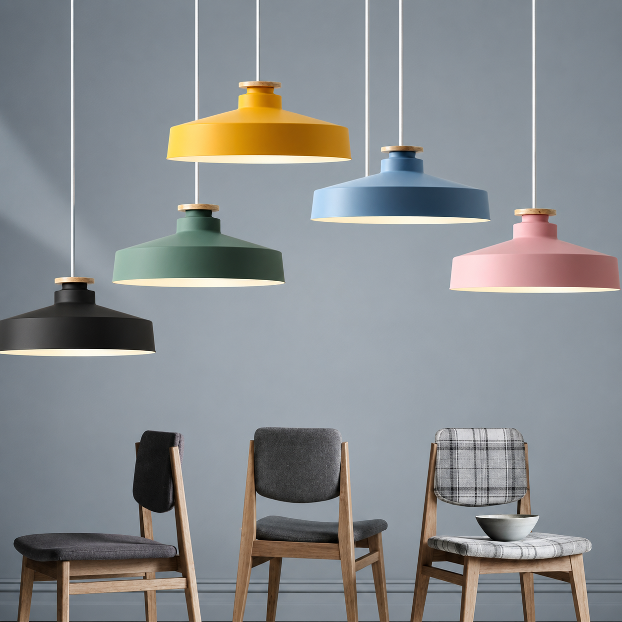 Lampa Wisząca Skandynawska z Drewnianym Detalem i Płaskim Kloszem