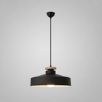 Lampa Wisząca Skandynawska z Drewnianym Detalem i Płaskim Kloszem