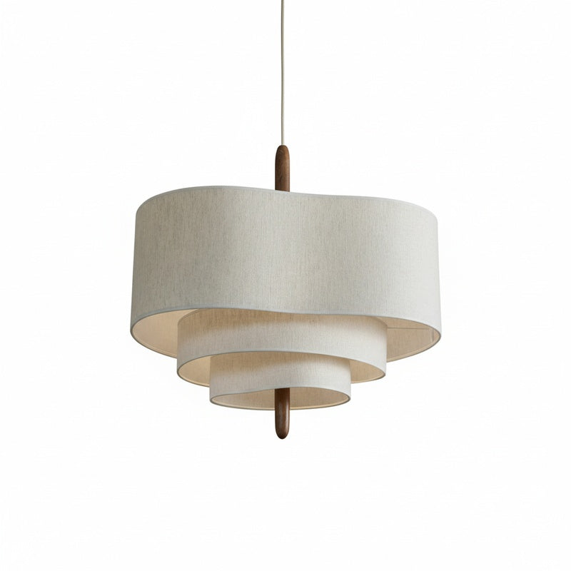 Lampa Wisząca Skandynawska z Trzema Poziomami Abażura i Drewnianym Detalem