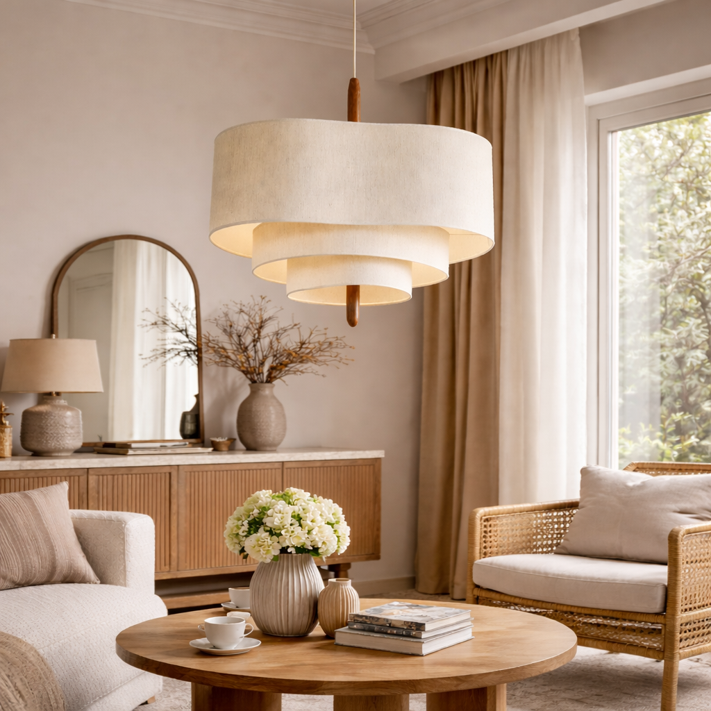 Lampa Wisząca Skandynawska z Trzema Poziomami Abażura i Drewnianym Detalem