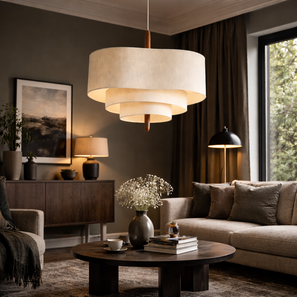 Lampa Wisząca Skandynawska z Trzema Poziomami Abażura i Drewnianym Detalem