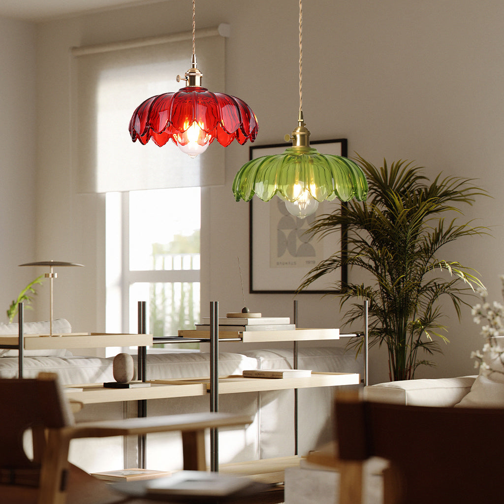 Lampa Wisząca Vintage Tulipanowa z Kloszem Szklanym i Oprawką Mosiężną