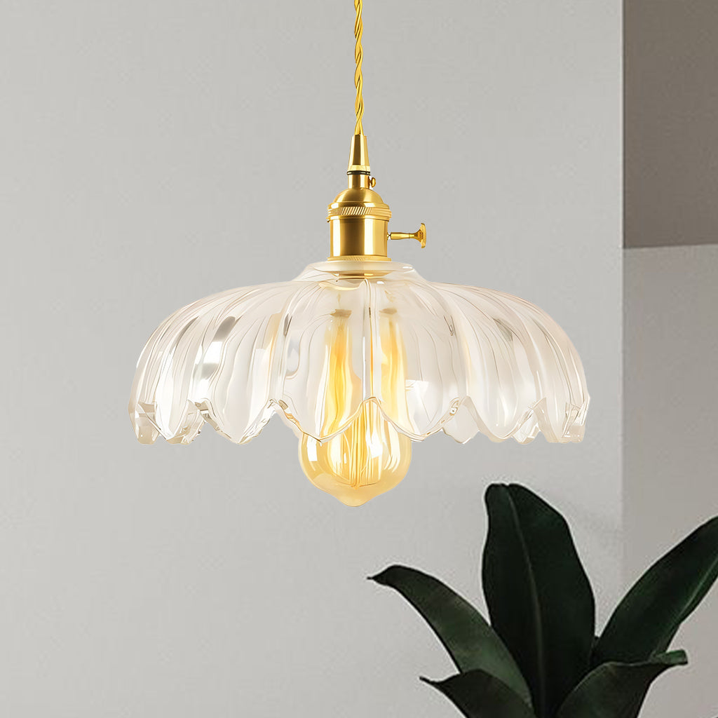 Lampa Wisząca Vintage Tulipanowa z Kloszem Szklanym i Oprawką Mosiężną