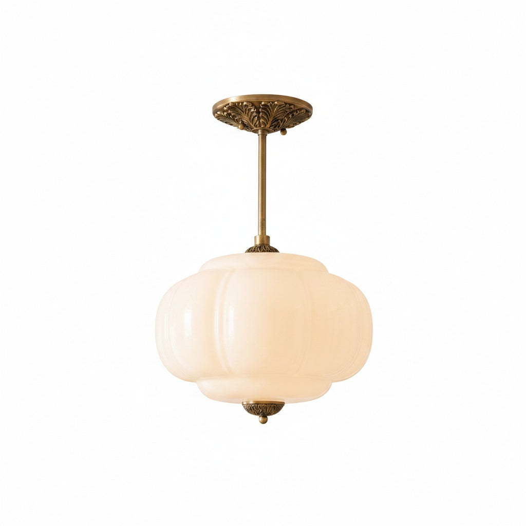 Lampa Wisząca Vintage z Kloszem ze Szkła Mlecznego w Kształcie Dyni