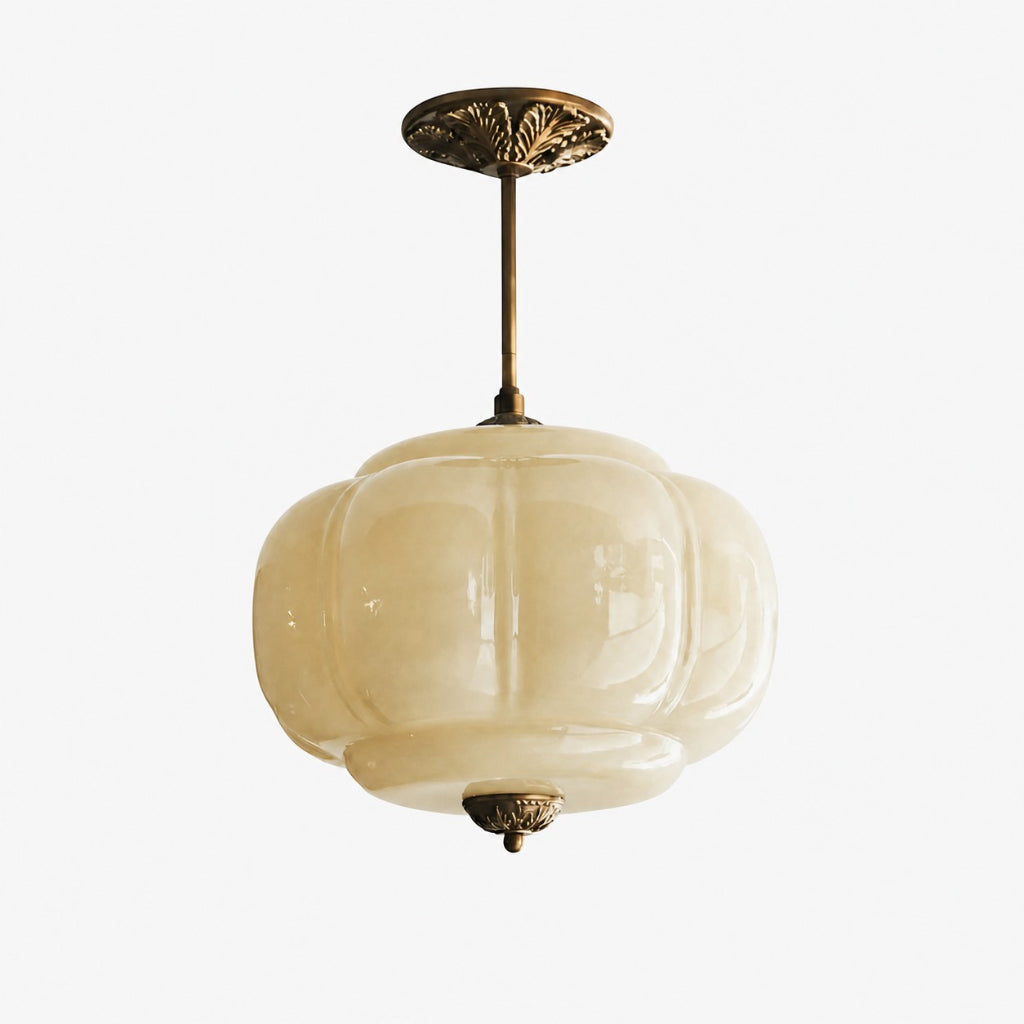 Lampa Wisząca Vintage z Kloszem ze Szkła Mlecznego w Kształcie Dyni