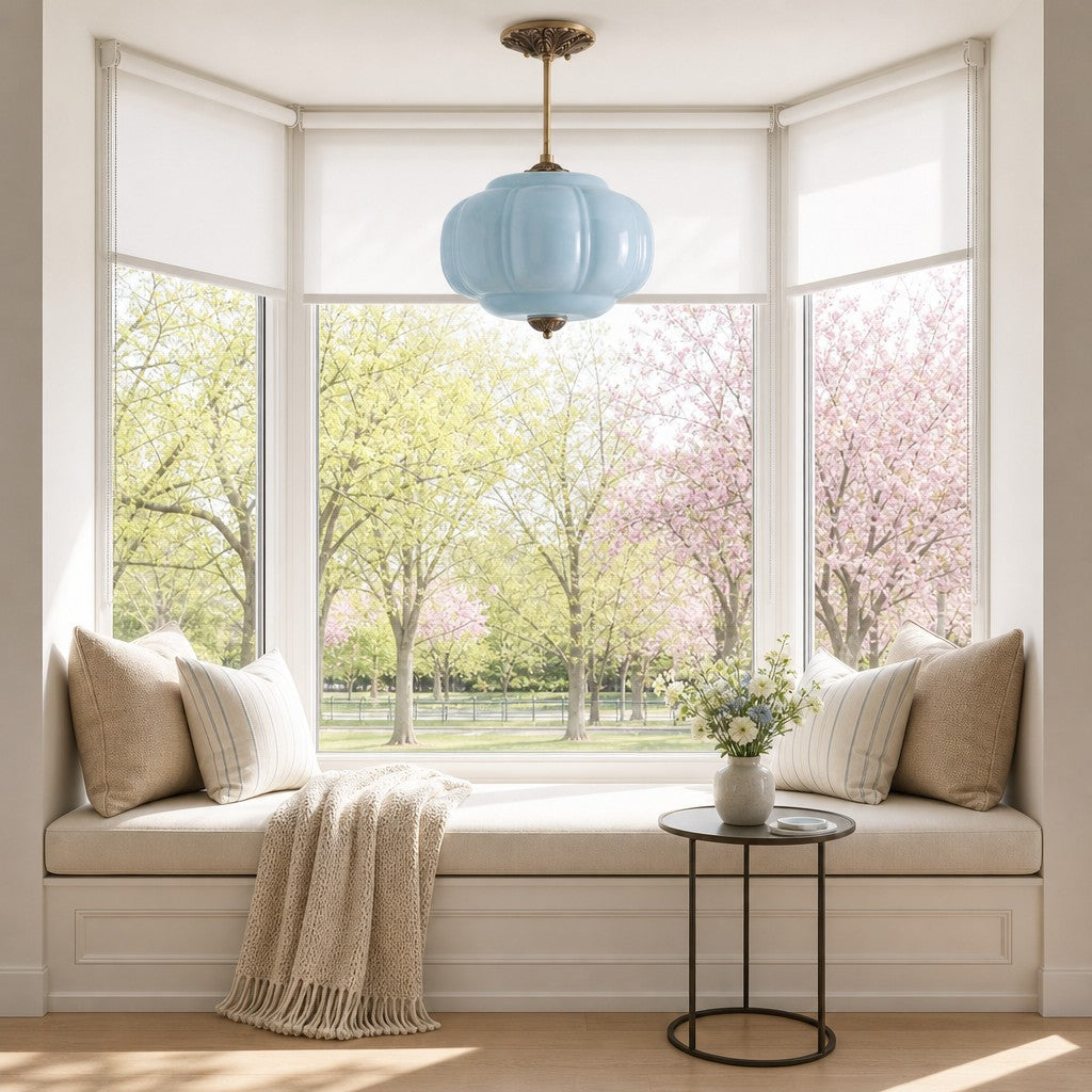 Lampa Wisząca Vintage z Kloszem ze Szkła Mlecznego w Kształcie Dyni