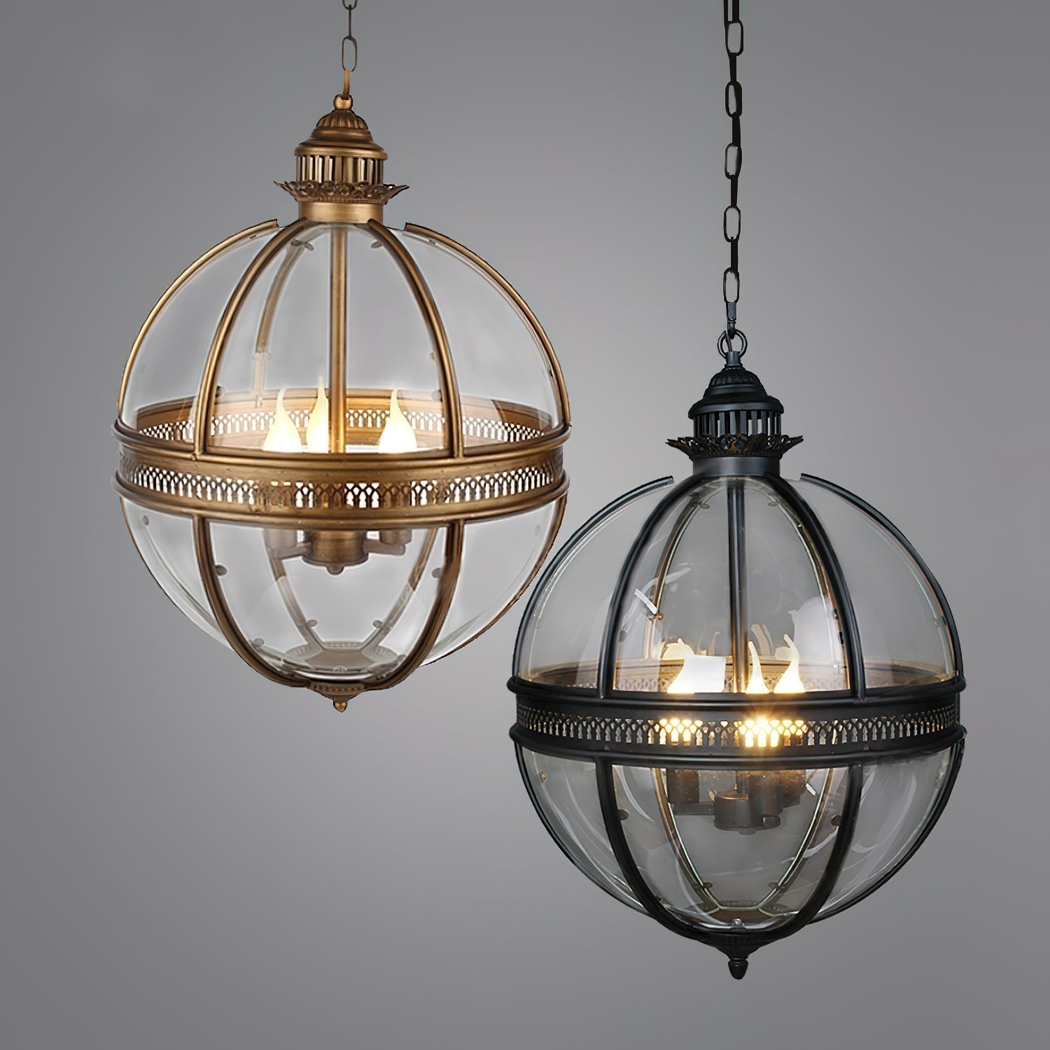 Lampa Wisząca Vintage z Okrągłym Kloszem Szklanym na Łańcuchu