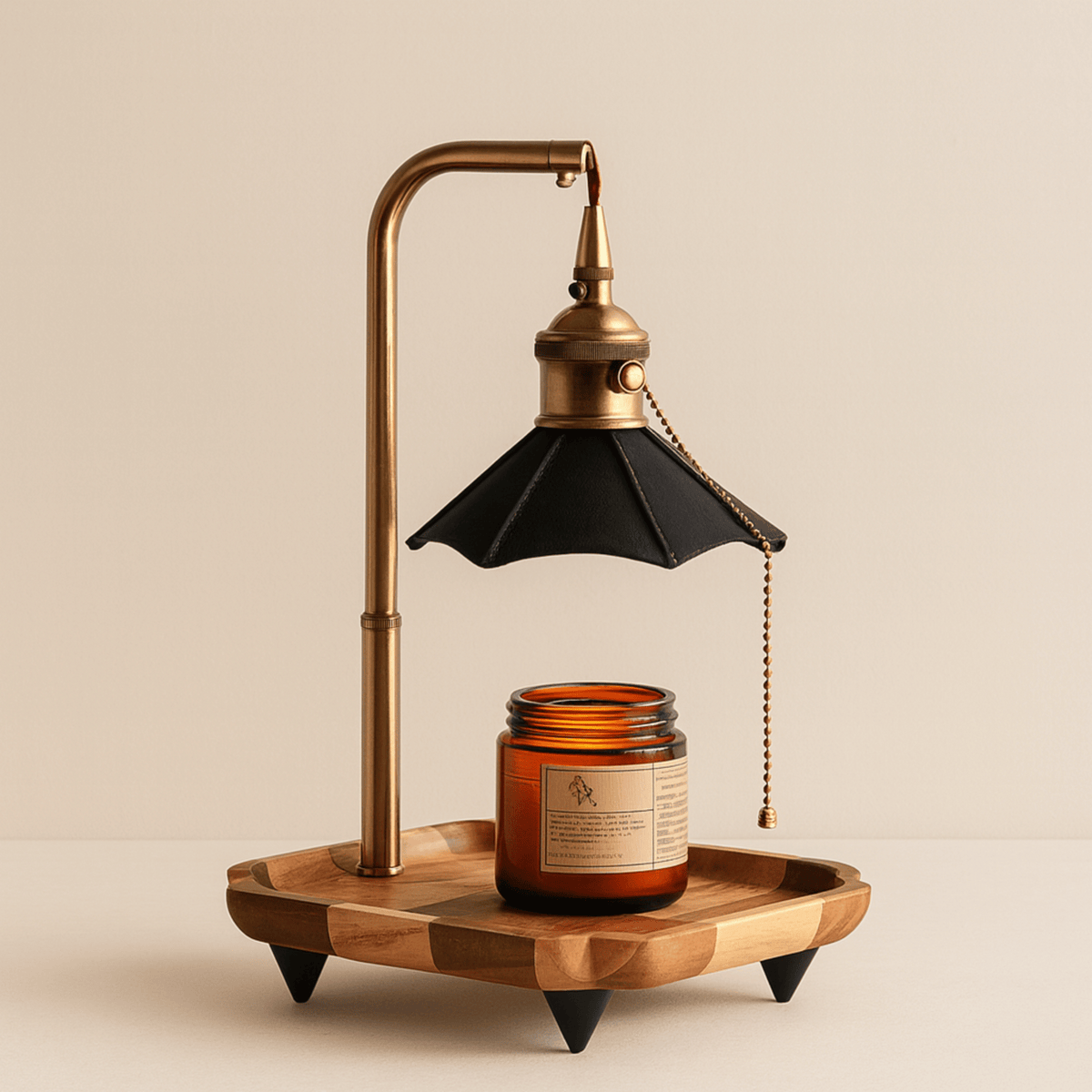 Lampka do Podgrzewania Świec Retro z Drewnianą Tacą i Łańcuszkowym Włącznikiem