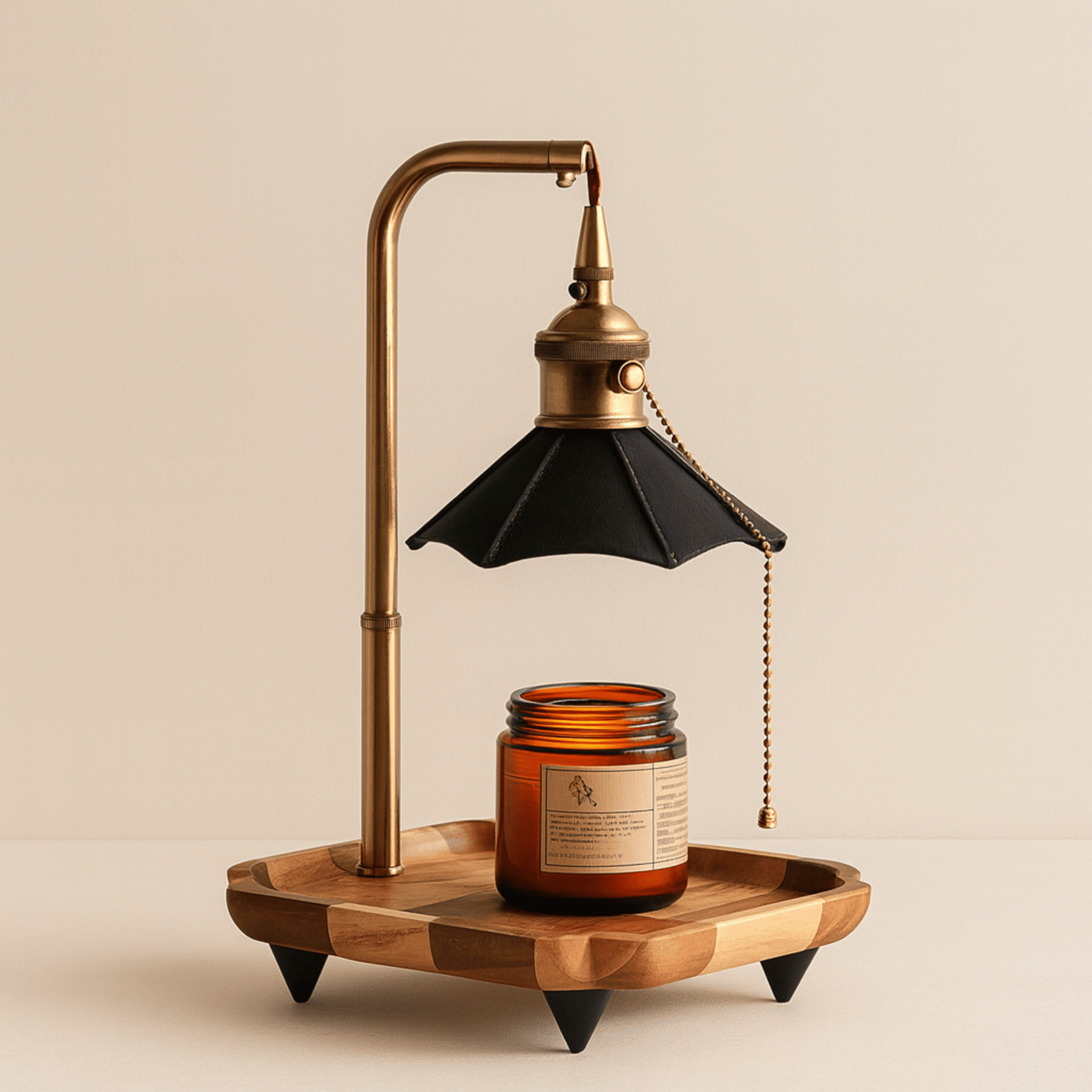 Lampka do Podgrzewania Świec Retro z Drewnianą Tacą i Łańcuszkowym Włącznikiem