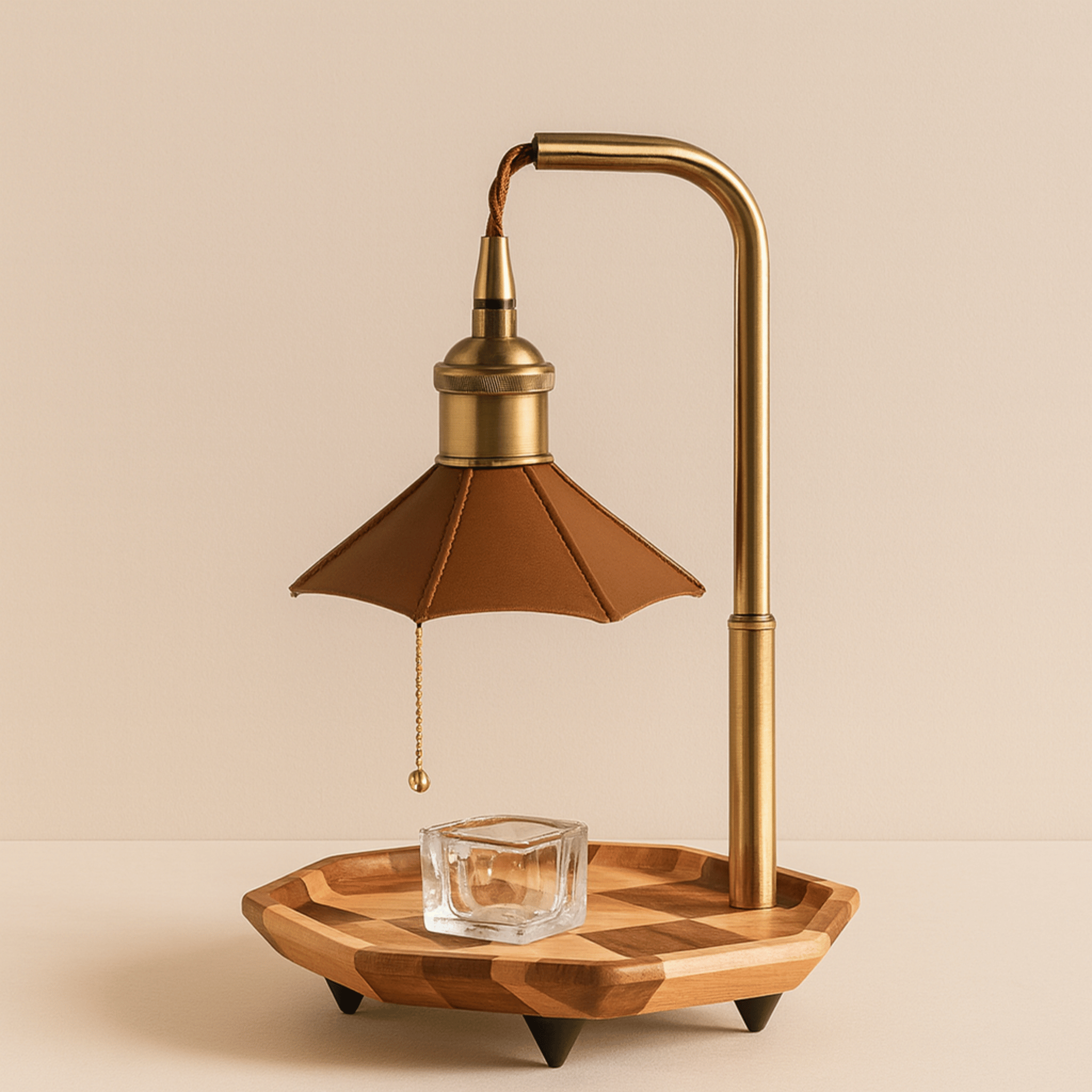 Lampka do Podgrzewania Świec Retro z Drewnianą Tacą i Łańcuszkowym Włącznikiem