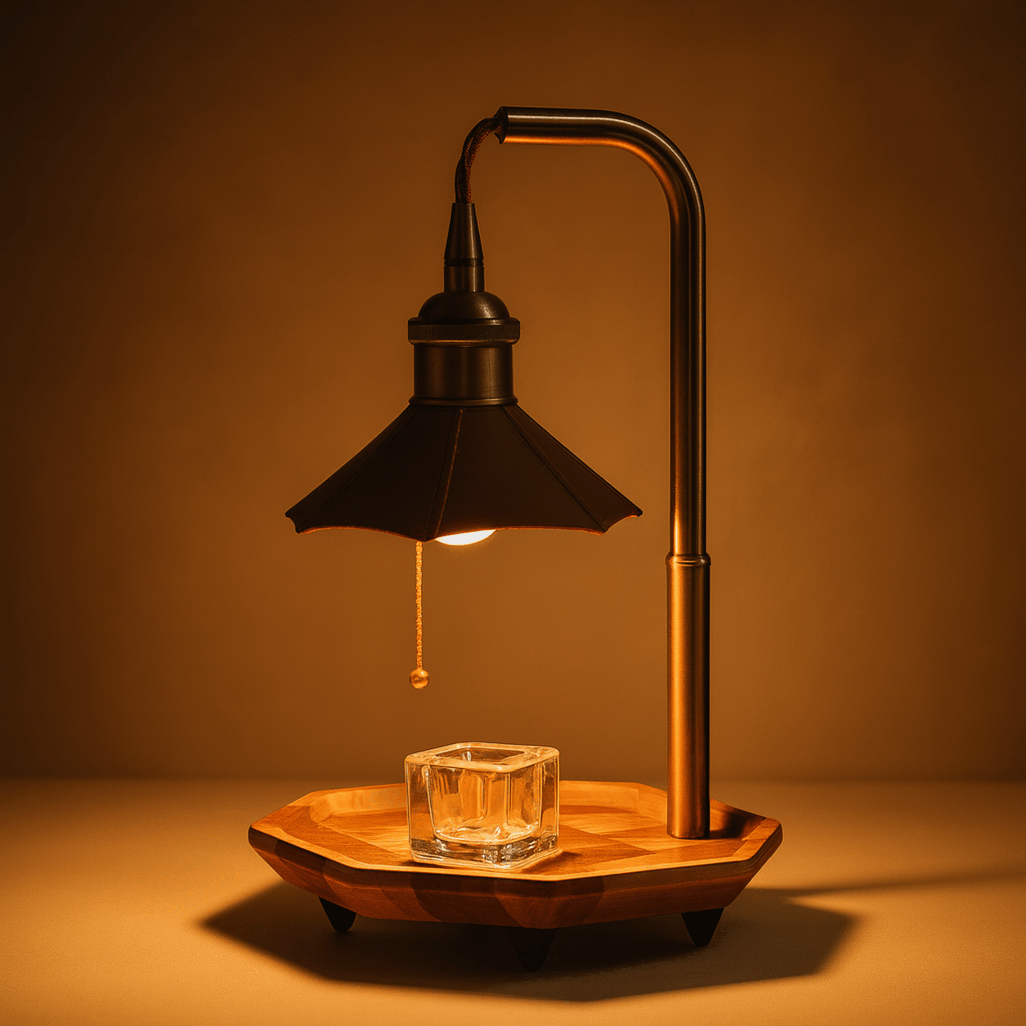 Lampka do Podgrzewania Świec Retro z Drewnianą Tacą i Łańcuszkowym Włącznikiem