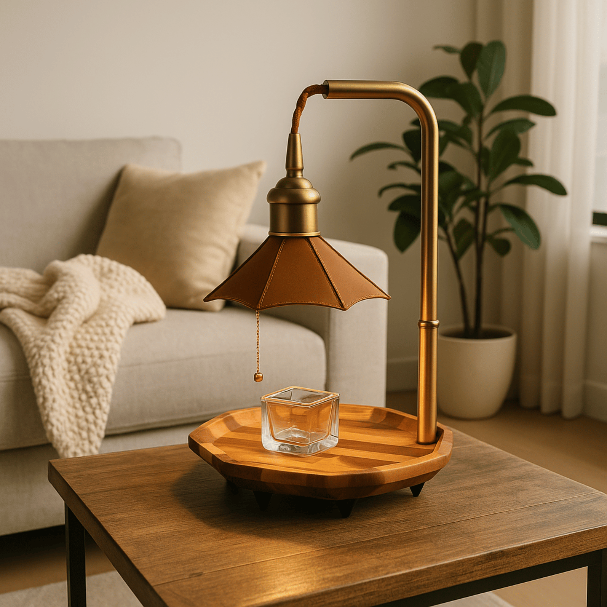 Lampka do Podgrzewania Świec Retro z Drewnianą Tacą i Łańcuszkowym Włącznikiem