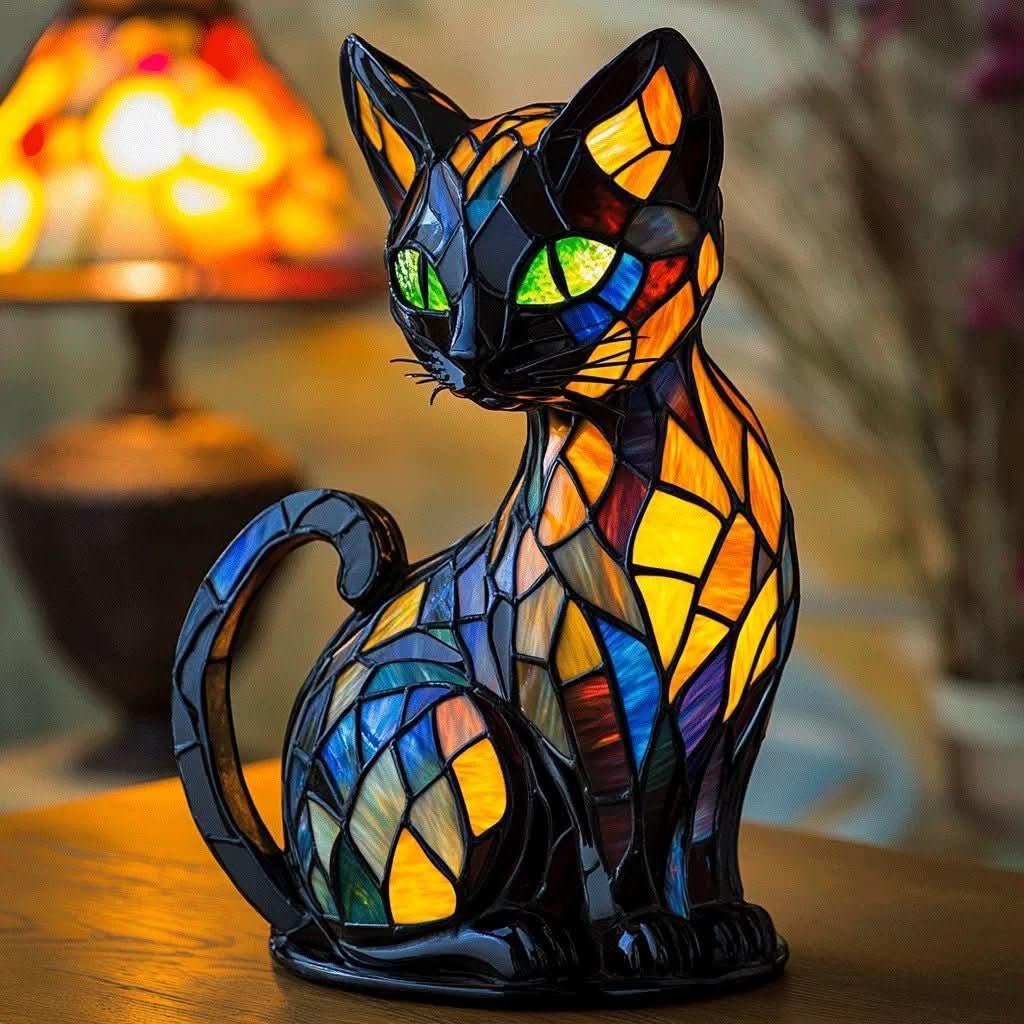 Lampka Nocna w Kształcie Kota w Stylu Witrażowym Art Deco