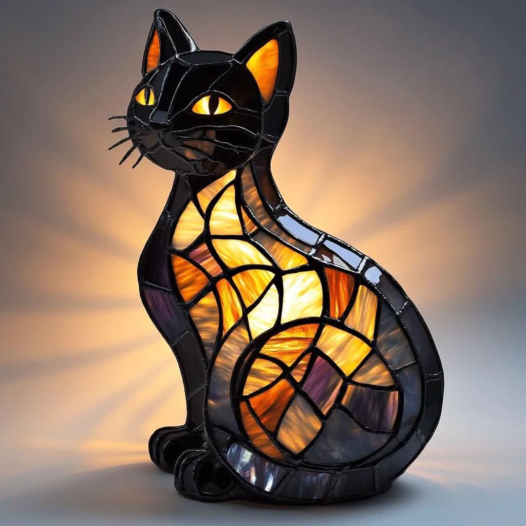 Lampka Nocna w Kształcie Kota w Stylu Witrażowym Art Deco