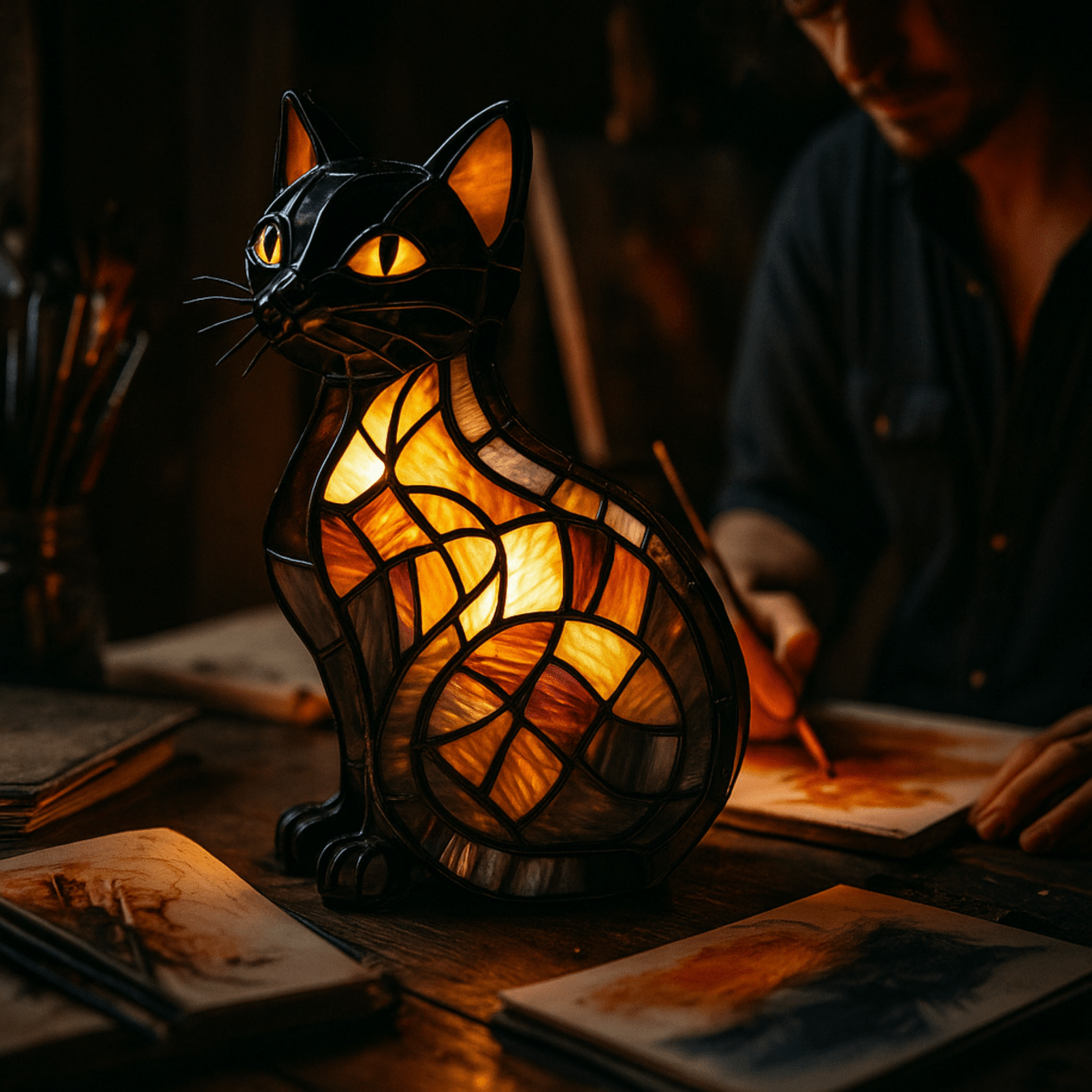 Lampka Nocna w Kształcie Kota w Stylu Witrażowym Art Deco