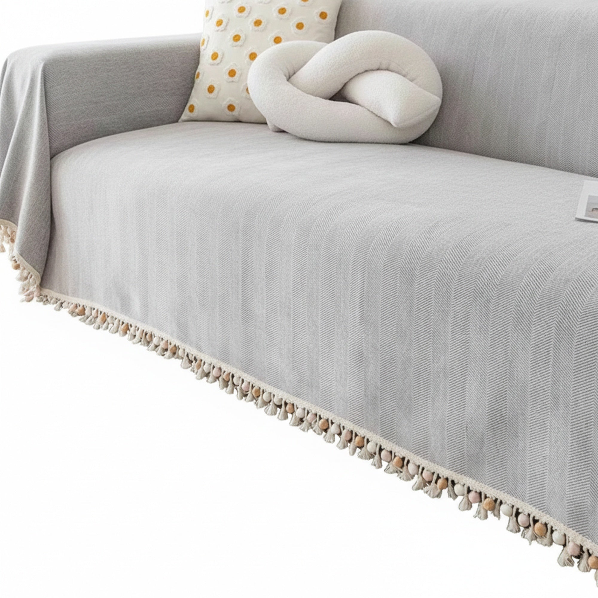 Narzuta na Sofę z Wzorem Jodełki i Frędzlami – Ochrona Kanapy