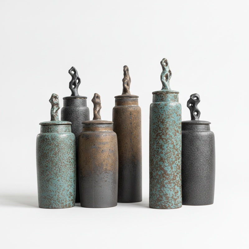 Pojemnik na Herbatę Ceramiczny z Rzeźbioną Pokrywką w Stylu Wabi-Sabi