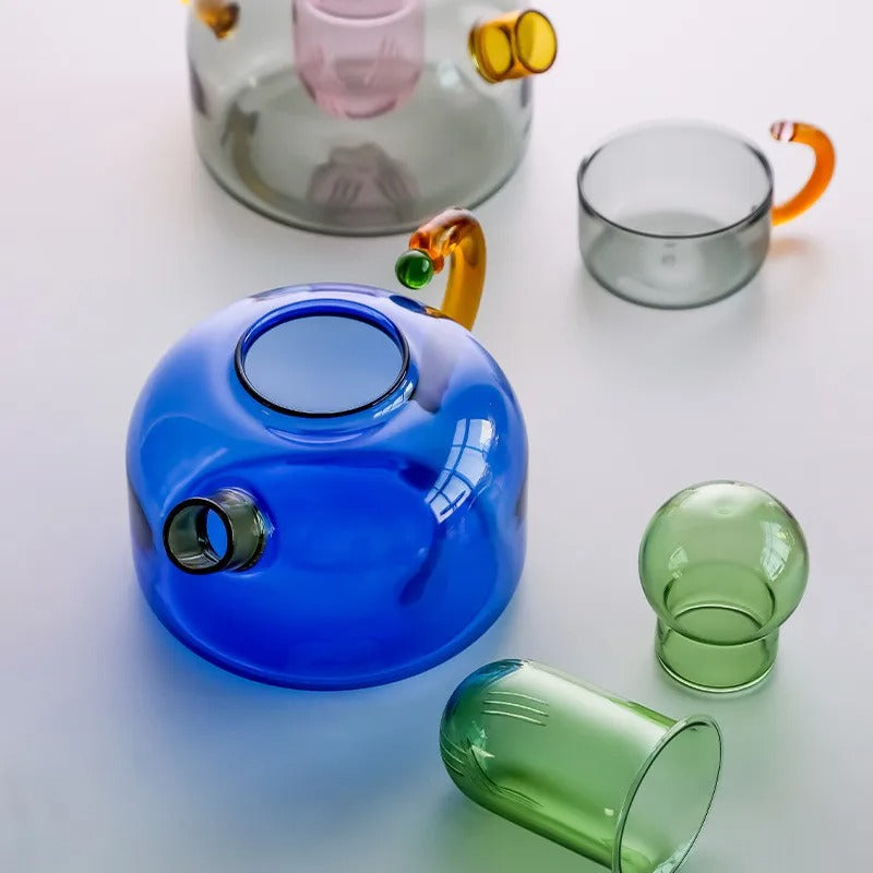 Szklany Czajnik z Filiżanką Kolorowe Uchwyty Nowoczesny Design