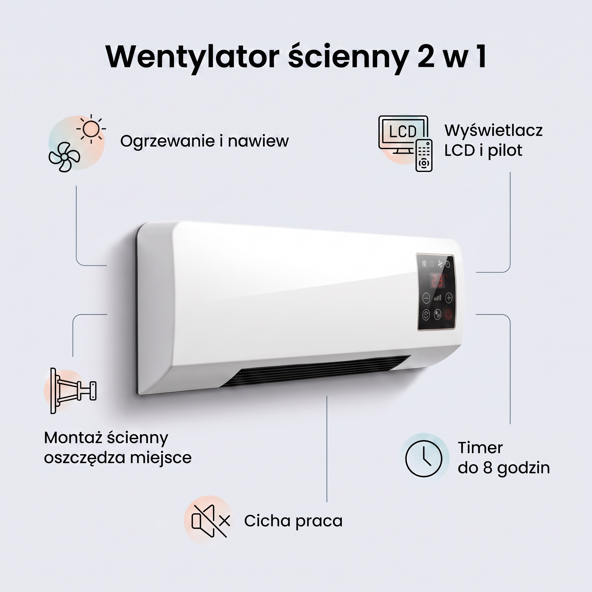 Wentylator Ścienny z Funkcją Grzania i Wyświetlaczem LCD