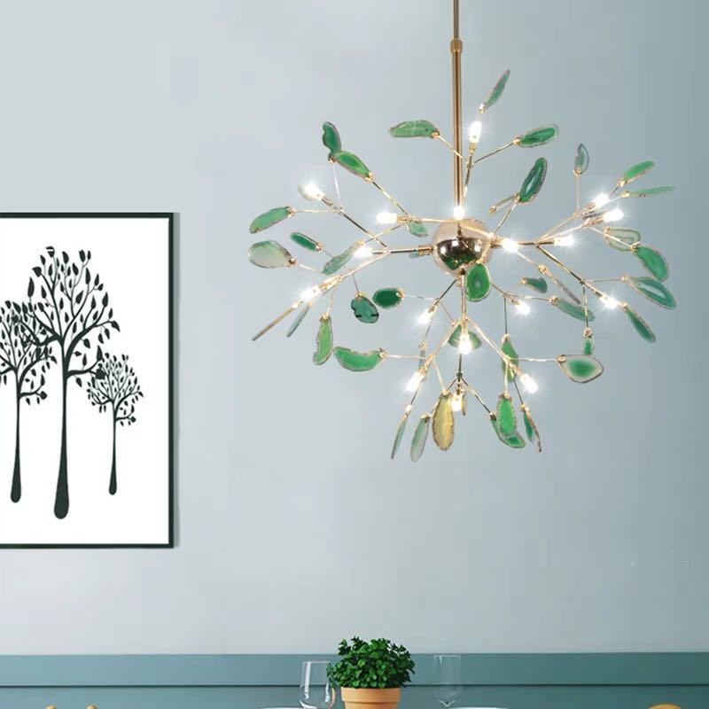 Żyrandol Art Deco z Plastrami Agatu i Gałązkami w Stylu Botanicznym