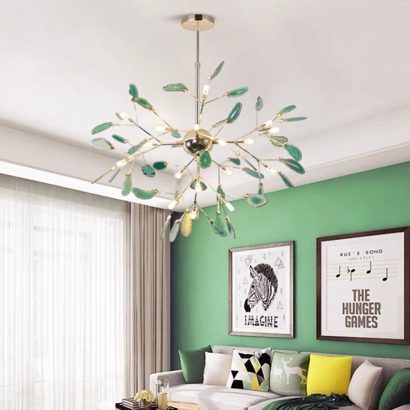 Żyrandol Art Deco z Plastrami Agatu i Gałązkami w Stylu Botanicznym