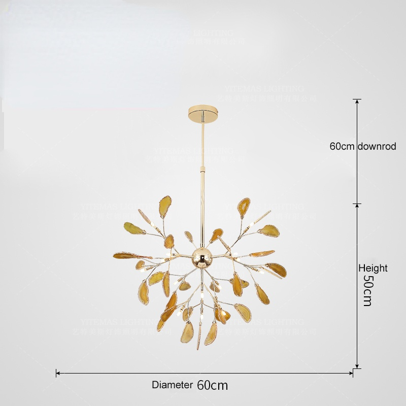 Żyrandol Art Deco z Plastrami Agatu i Gałązkami w Stylu Botanicznym